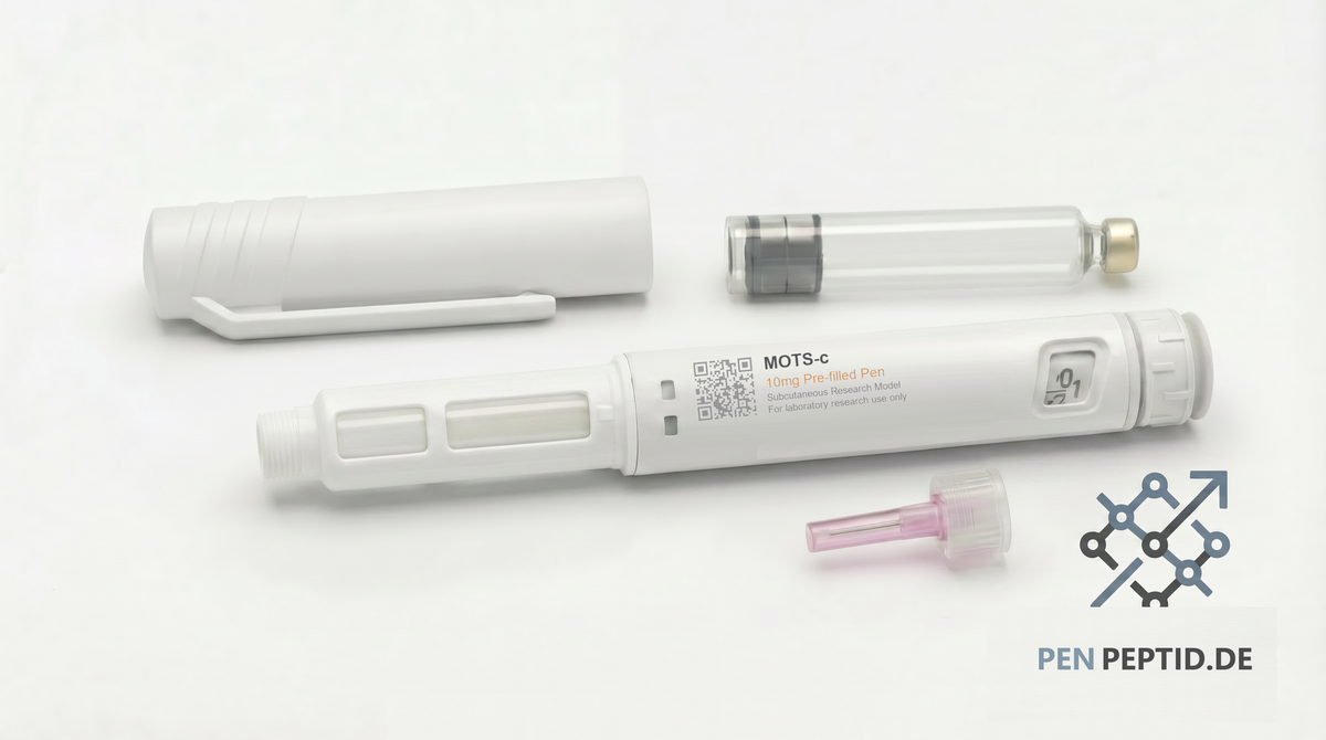 MOTS-c 10mg Research Peptide Pen (PP-019) - Mitochondrial-derived peptide for AMPK activation, glucose uptake, and insulin sensitivity pathways. Amber gold accents. CAS 1627580-64-6.