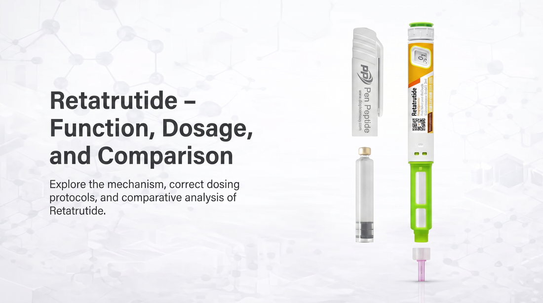 Retatrutide injektionspenna och glasampull från Pen Peptide, med rubriken "Retatrutide – Function, Dosage, and Comparison"
