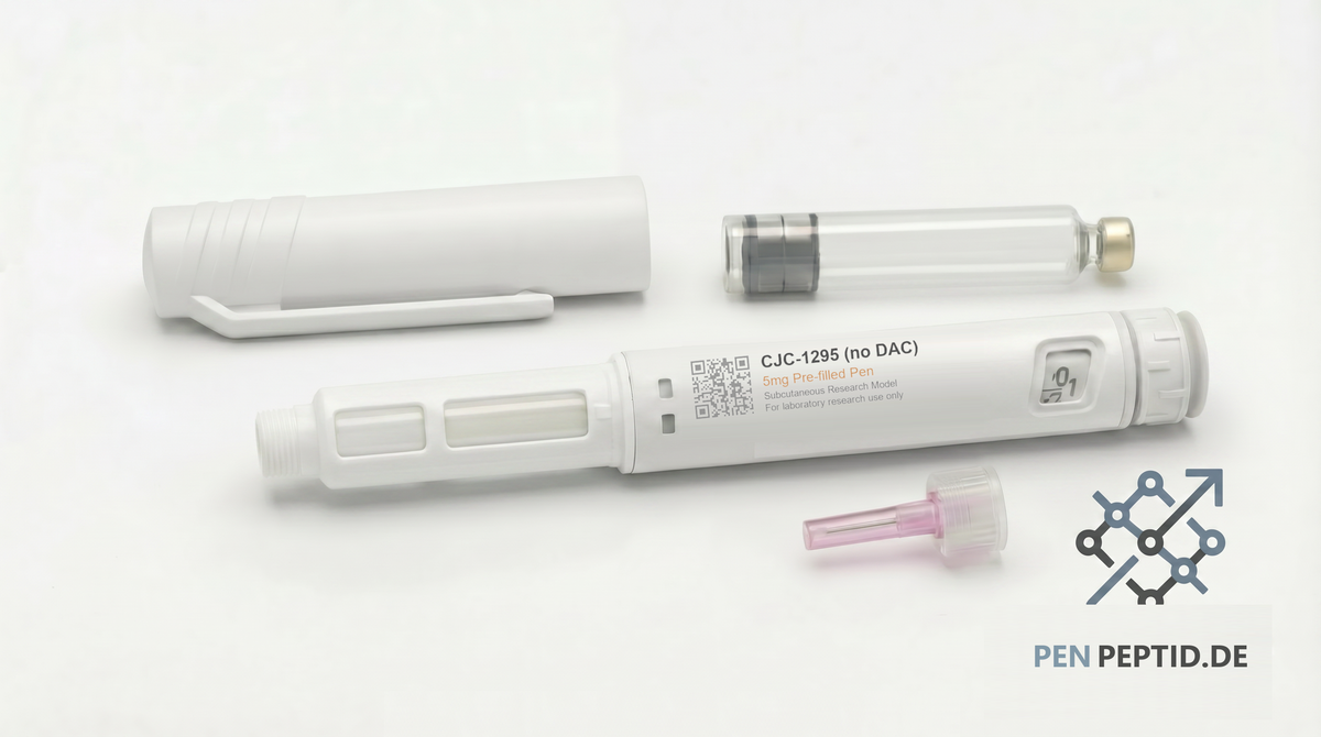 CJC-1295 no DAC 5mg Research Peptide Pen (PP-014) - Growth hormone-releasing hormone (GHRH) analogue for metabolic and pituitary signaling research. Deep purple accents. CAS 863288-34-0.