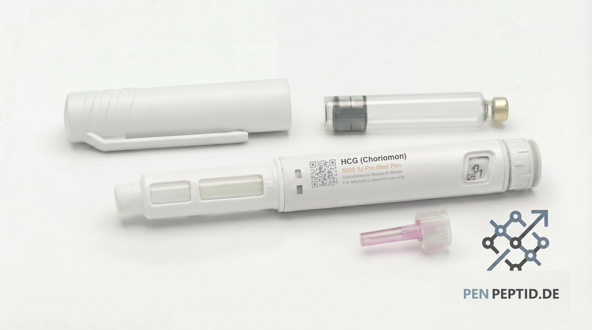 HCG Choriomon 5000 IU Research Pen (PP-018) - LH/CG receptor binding glycoprotein for hormone signaling and endocrine pathway studies. Ruby red accents. CAS 9002-61-3.