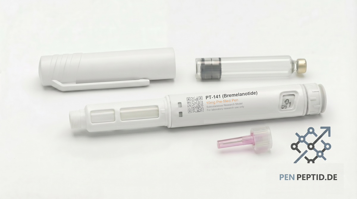 PT-141 Bremelanotide 10mg Research Peptide Pen (PP-010) - CNS pathway melanocortin receptor binding (MC3R/MC4R) and response mechanism studies. Ruby red accents. CAS 189691-06-3.