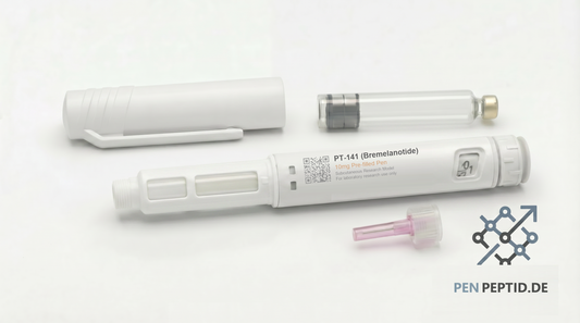 PT-141 Bremelanotide 10mg Research Peptide Pen (PP-010) - CNS pathway melanocortin receptor binding (MC3R/MC4R) and response mechanism studies. Ruby red accents. CAS 189691-06-3.
