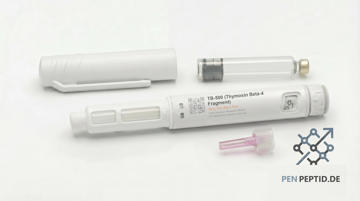 TB-500 (Thymosin Beta-4 Fragment) 5mg Research Peptide Pen (PP-011) - Cell migration, wound healing, tissue repair, and muscle recovery pathway studies. Emerald green accents. CAS 77591-33-4.
